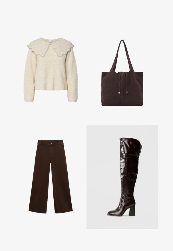 Crème-kleurige trui met een gegolfde kraag en zilveren kraalaccenten. Gemaakt van textiel met een zachte, gestructureerde stof. Beschikt over lange mouwen en een relaxed fit.; Bruine wijde broek in katoenmix, met een rafelige zoom, sluiting met een knoop aan de voorkant en een klassieke vijf-pocketstijl. Minimalistisch en veelzijdig.; Knielange, glanzende bordeauxrode leren laarzen met een vierkante neus en blokhak, met een nonchalant ontwerp en minimale stiksel details.; Mango Shopper - dark brown; Bruine leren handschoenen met een gladde textuur, voorzien van vijf vingers, een elastische pols en decoratieve stitching langs de rand.
