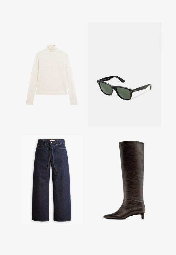 Krémový rolákový svetr z měkké látky, s dlouhými rukávy, přiléhavým střihem a žebrovanými manžetami bez vzorů nebo zdobení.; Široké tmavě modré džíny se zvýšeným pasem, opatřené stahovací šňůrou, pěti kapsami a kontrastním prošíváním.; Černá kožená kozačka sahající po koleno s špičatou špičkou a štíhlým podpatkem. Hladká textura s mírně pomačkaným povrchem. Bez viditelných kovových částí.; Černé plastové sluneční brýle se zelenými skly, čtvercové obroučky, stříbrný detail na obočí a texturované stranice. Značka uvedená na vnitřní straně stranic.; Hnědá semišová taška přes rameno se dvěma ramenními popruhy, zlatými kovovými detaily a nastavitelnými bočními stahovacími šňůrkami. Obsahuje zipové uzavření a hladký povrch.
