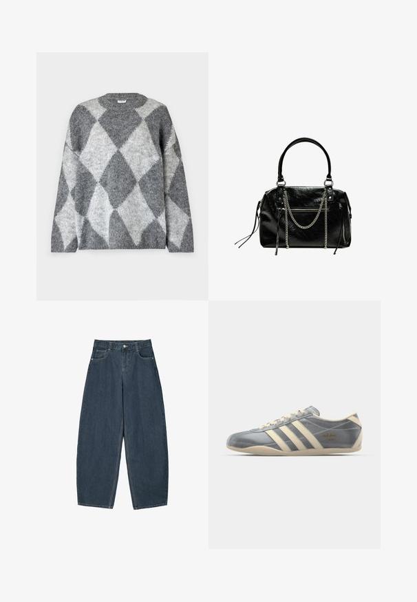 Noisy May NMSUTTON OVERSIZE - Pulóver - dark grey melange; Sötétkék farmer széles szárú nadrág magas derékkal, öt zsebbel és látható varrási részletekkel. Tiszta, letisztult dizájn.; Szürke selyemfényű sportcipő bézs bőr kiegészítőkkel, három csíkkal és arany "adidas Tokyo" logóval. Alacsony profilú kivitel, texturált gumitalppal.; Bershka WITH CHAIN - Kézitáska - black