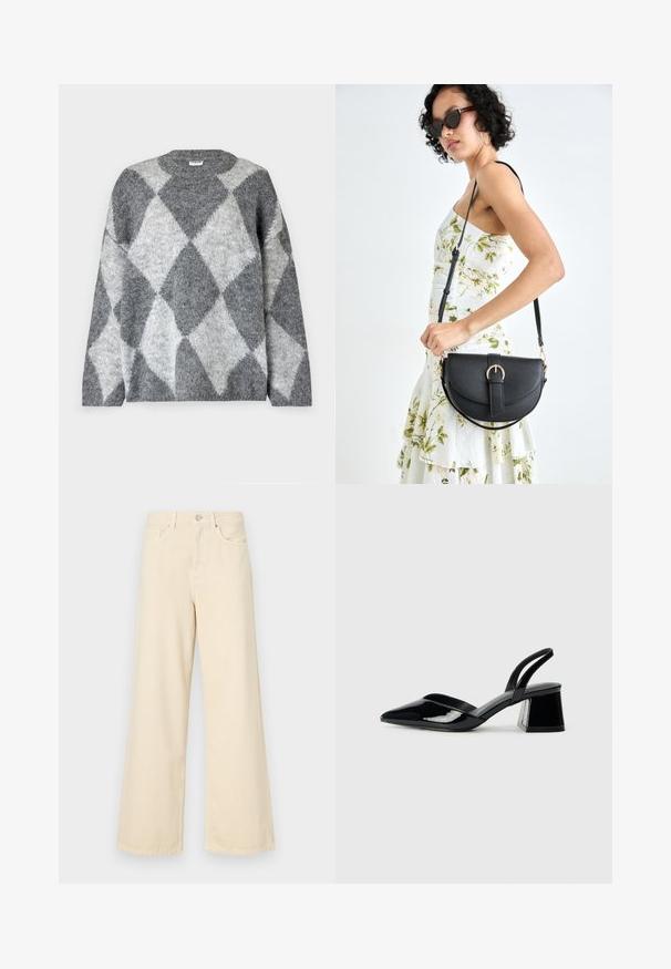 Noisy May NMSUTTON OVERSIZE - Džemperis - dark grey melange; Bežinės plačios kojos džinsai, pagaminti iš medvilnės. Turintys sagos uždarymą, diržo kilpas ir priekinės kišenes su lygia, švelnia tekstūra.; Juodos lakuotos odinės šlepetės su smailiu pirštu ir geometriniu bloko kulnu. Turi elegantišką, minimalistinį dizainą ir lygų paviršių.; Juodas odinis krepšys su išlenkta forma, nuimamu dirželiu ir auksiniais detalėmis. Krepšys turi kilpą su sagtimi.