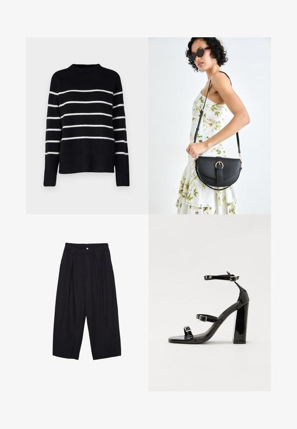 Vero Moda Tall VMFLAWLESS - Pulover - black/birch; Črne poliesterske culotte hlače z elastičnim pasom, dvema sprednjima nabiranjema in ohlapnim krojem. Brez vidnih vzorcev ali kovinskih detajlov.; Črne lakirane sandale s peto, kvadratnim prstom, trakovi okrog gležnja in srebrnimi zaponkami. Opremljene so s stabilno Debelo peto.; Črna usnjena torbica s ukrivljeno obliko, z odstranljivo naramnico in zlatimi dodatki. Torbica ima pokrov s podrobnostmi v obliki zaponke.