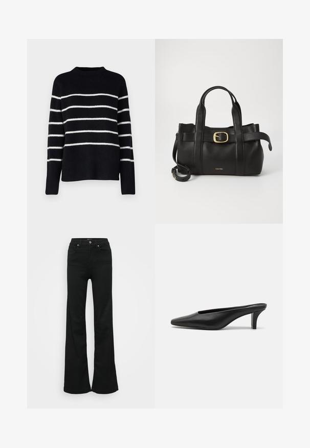 Vero Moda Tall VMFLAWLESS beżowy; Czarne dżinsy w kształcie dzwonu wykonane z denimu, z wysokim stanem, pięcioma kieszeniami i metalowym zapięciem. Gładka faktura z minimalnym zdobieniem.; Czarne skórzane mule z ostrym noskiem i niskim obcasem w szpilkach. Gładka tekstura, minimalistyczny design i otwarty tył dla łatwego zakładania.; Czarna skórzana torebka o zorganizowanej konstrukcji, z podwójnymi uchwytami u góry, akcentem w postaci złotego zapięcia oraz wytłoczonym logo marki z przodu.