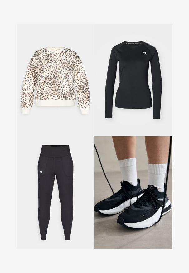 Leopard print sweatshirt with a cream base, round neckline, and ribbed cuffs. Soft fabric with a relaxed fit and distinct animal pattern.; Black long-sleeve athletic shirt made of smooth fabric, featuring a round neckline and a small white logo on the left chest.; Black athletic leggings made from stretchy material, featuring a high waistband, side pockets, and fitted cuffs at the ankle.; Black athletic shoes with textured fabric, white sole, and black laces. Worn with white ribbed socks, standing on a light surface.