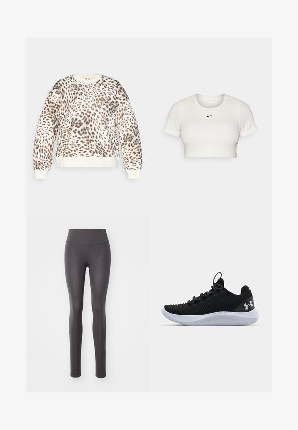 Sweatshirt à motifs léopard avec une base crème, col rond et poignets côtelés. Tissu doux avec une coupe décontractée et un motif animal distinct.; T-shirt blanc court en tissu côtelé avec des manches courtes et un col rond ; présente un petit logo Nike noir sur la poitrine.; Leggings gris en matériau extensible, dotés d'une taille haute, d'une texture lisse et d'une coupe ajustée.; Baskets de sport noires avec une tige en maille respirante, des détails texturés et une semelle en caoutchouc blanche. Elles sont dotées de lacets plats et d'une languette au talon.