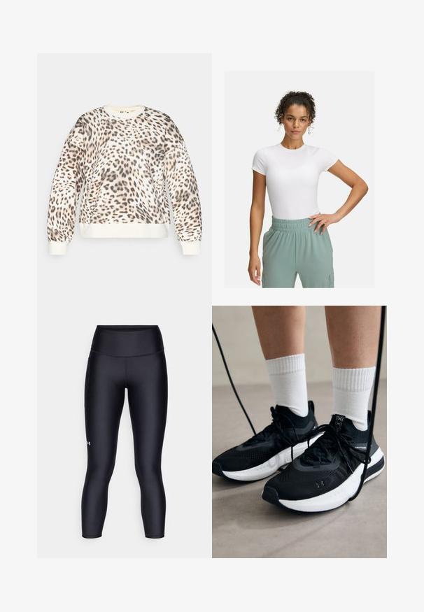 Bluza w panterkę na kremowym tle, z okrągłym dekoltem i ściągaczami. Miękka tkanina z luźnym krojem i wyraźnym zwierzęcym wzorem.; Biała dopasowana koszulka z krótkimi rękawami, w połączeniu z jasnzielonymi spodniami na elastycznym pasie. Gładka tekstura, minimalistyczny design i brak widocznych wzorów.; Czarne legginsy wykonane z gładkiego, elastycznego materiału. Wysoki stan, dopasowany krój oraz małe logo na lewej nodze.; Czarne buty sportowe z teksturowanym materiałem, białą podeszwą i czarnymi sznurowadłami. Nosi je osoba w białych skarpetkach w prążki, stojąca na jasnej powierzchni.