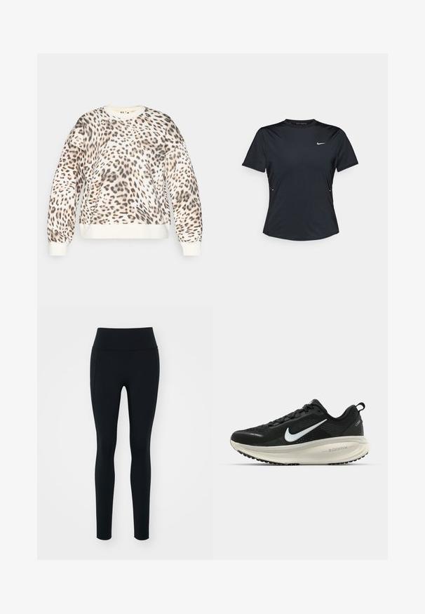 Felpa con stampa leopardata su base crema, colletto rotondo e polsini a coste. Tessuto morbido con vestibilità rilassata e motivo animale distintivo.; Maglietta sportiva nera a maniche corte realizzata in tessuto leggero e traspirante. Ha un colletto rotondo e un piccolo logo Nike bianco sul petto.; Leggings neri realizzati in materiale elastico con una vita alta. Texture liscia, design aderente e senza decorazioni o motivi visibili.; Scarpa da corsa nera Nike con tomaia in rete traspirante, logo Swoosh bianco, dettagli testurizzati e intersuola ZoomX di colore crema.