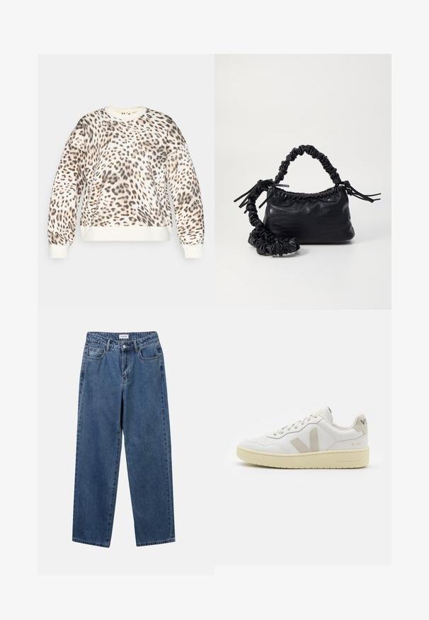 Leopardenmuster-Sweatshirt mit cremfarbener Basis, Rundhalsausschnitt und gerippten Bündchen. Weicher Stoff mit einer lockeren Passform und auffälligem Tiermuster.; Klassische blaue Denim-Jeans mit geradem Bein, fünf Taschen und Knopfverschluss. Sie verfügen über eine mittelblau gewaschene Optik und sind aus robuster Textur.; Weiße Ledersneaker mit beigen Wildlederakzenten, perforierte Zehenbox, flache Schnürsenkel und eine strukturierte cremefarbene Sohle. Mit dezentem Branding an der Ferse.; Schwarze Handtasche aus Kunstleder mit Krokodilstruktur, gerafftem oberen Teil und einem geschoppten Tragegurt. Sie wirkt weich und kompakt im Design.