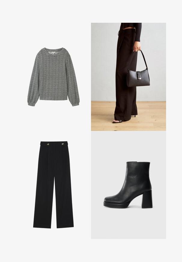 Long-sleeve top in black and white herringbone pattern, featuring a rounded neckline and slightly puffed sleeves with elastic cuffs.; Black wide-leg trousers with high waist, button details on waistband, and front pleats.; Black leather ankle boot with a block heel and platform sole, viewed from the side on a plain white background.; Black handbag with structured shape, smooth texture, and a metallic clasp. Paired with wide black pants and open-toe sandals on wooden floor.