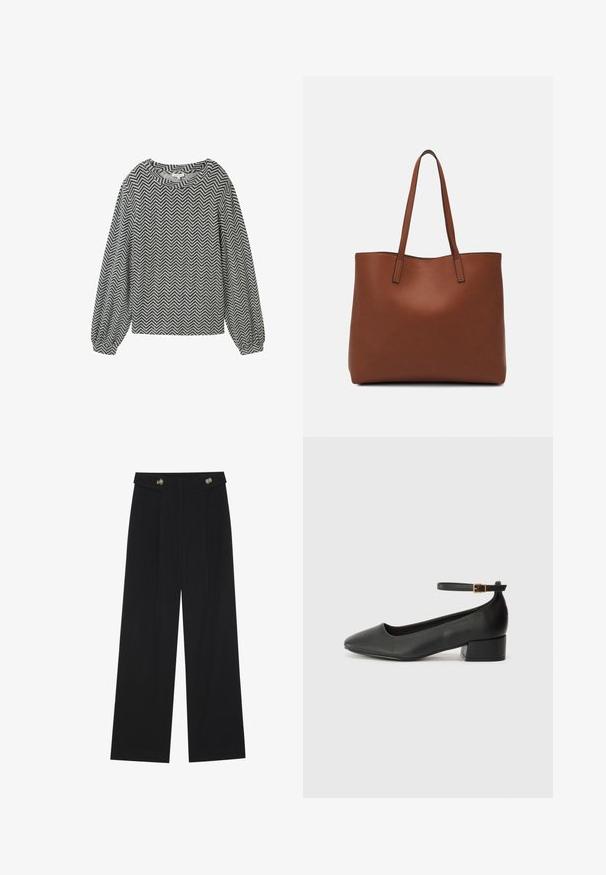 Long-sleeve top in black and white herringbone pattern, featuring a rounded neckline and slightly puffed sleeves with elastic cuffs.; Black wide-leg trousers with high waist, button details on waistband, and front pleats.; Black leather pump with a pointed toe and a low block heel. Features an ankle strap with a gold-tone buckle. Smooth texture.; Brown leather tote bag with a smooth texture, open top design, and two shoulder straps. Features minimal stitching and no visible hardware.