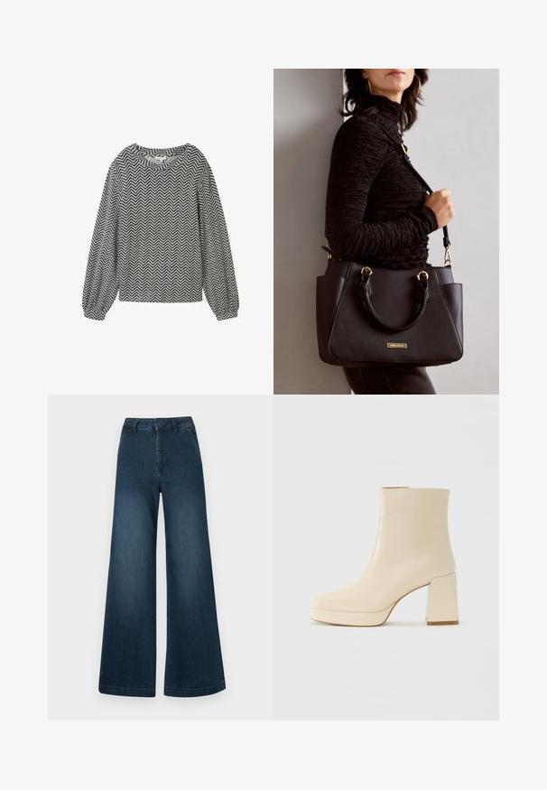 Long-sleeve top in black and white herringbone pattern, featuring a rounded neckline and slightly puffed sleeves with elastic cuffs.; Dark blue high-waist wide-leg denim jeans with front pockets and belt loops on a white background.; Beige leather ankle boot with block heel and platform sole, smooth finish, and slightly squared toe facing left on white background.; Black handbag with textured surface, dual top handles, and adjustable shoulder strap. Features gold-tone hardware and side pockets.