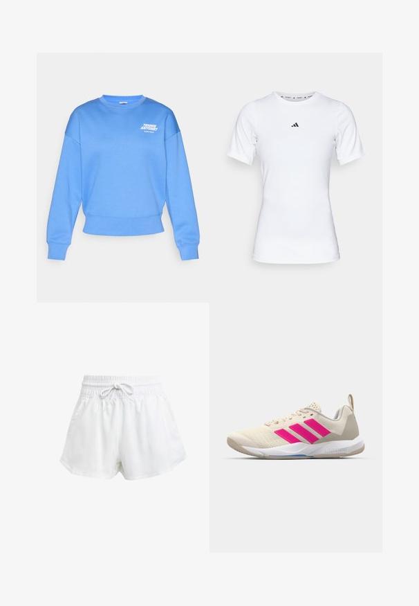 Sweatshirt azul claro com decote redondo, ombros caídos e punhos canelados. Apresenta texto branco: "TÊNIS NINGUÉM? BJÖRN BORG."; Camisola atlética branca com mangas curtas, feita de tecido liso e elástico. Apresenta um pequeno logotipo preto da Adidas no peito.; Calções de desporto brancos com um cós elástico e cordão ajustável. Feitos de material leve, apresentam bolsos laterais e um corte largo.; Sapata atlética bege com logotipo de três riscas cor-de-rosa, parte superior em malha texturizada, colarinho acolchoado e sola de borracha branca, apresentando a marca "LIGHTSTRIKE".