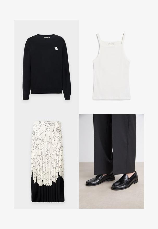 Črna majica s kapuco iz bombaža. Ima dolge rokave, okroglo ovratnik in majhno belo cvetlično vezenje na levem prsnem delu.; Bela majica na tanke naramenice, izdelana iz rebraste bombažne tkanine, z ravnim dekoltejem in čisto obdelanimi robovi.; Nabrana krila s črno-bele cvetlične slike, ki ima svetlo zgornje polovico s cvetlicami in enobarvni črn spodnji rob.; Črne usnjene loafer čevlje z gladko površino, stikani detajli okoli prstov in nizko gumijasto podplat. Usklajeni z širokimi črnimi hlačami.