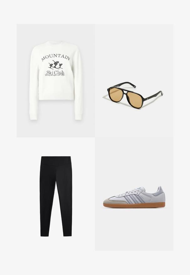 Hanorac alb scurt, cu decolteu rotund, mâneci lungi și imprimeu grafic cu schiori și textul „MOUNTAIN Ski Club”.; Colanți negri realizați dintr-un material neted și elastic. Prezintă o talie lată și un design cu picioare conice, potriviți pentru activități sportive sau purtat casual.; Tenisi din piele albă cu accente albastre deschise, vârf din suede gri și talpă din cauciuc maro. Prezintă trei dungi albastre și branding "Samba".; Ochelari de soare negri cu lentile de culoare maro; formă rectangulară cu un cadru gros, inclusiv accente hardware subtile pe mânere.