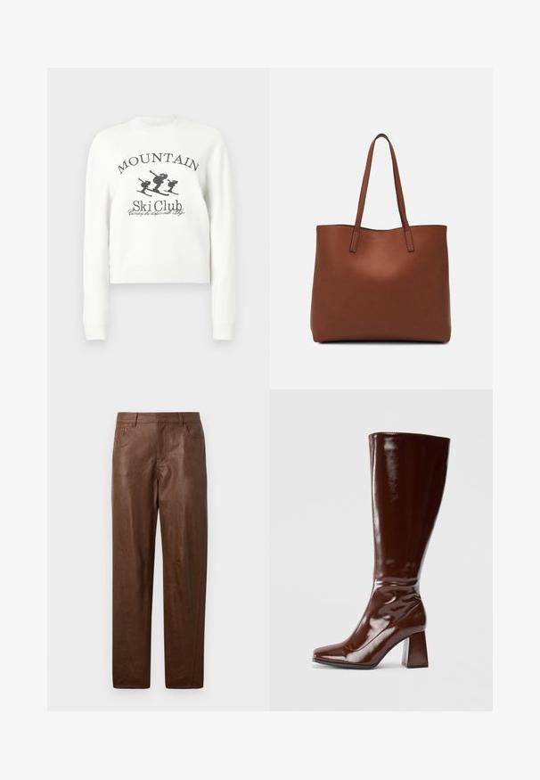 Sweat-shirt blanc court avec un col rond, des manches longues, et un imprimé graphique de skieurs accompagné du texte "MOUNTAIN Ski Club".; Pantalon en cuir marron avec une texture lisse, coupe droite et deux poches latérales. Présente des détails de couture visibles.; Bottes en cuir verni marron jusqu'aux genoux avec un bout carré, finition brillante et un talon épais pour la stabilité. Design sans couture sans matériel visible.; Sac fourre-tout en cuir marron avec une texture lisse, design à ouverture supérieure et deux poignées pour le porter à l'épaule. Présente des coutures minimales et aucun matériel visible.