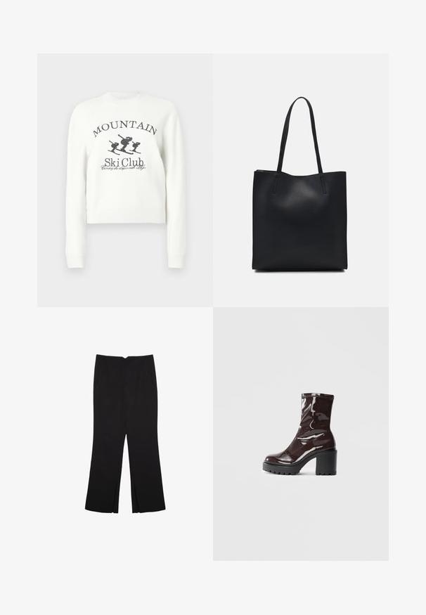 Weißes, kurz geschnittenes Sweatshirt mit rundem Halsausschnitt, langen Ärmeln und einem Grafikdruck von Skifahrern mit dem Text "MOUNTAIN Ski Club".; Schwarze Hose mit geradem Schnitt, ausgestattet mit Fronttaschen und Seitenschlitzen am Saum. Hergestellt aus weichem, glattem Stoff. Geeignet für verschiedene Anlässe.; Glatte bordeauxrote Ankle Boots mit einem klobigen schwarzen Absatz, die eine glatte Oberfläche und ein einfaches Design aufweisen. Keine sichtbaren Verschlüsse oder Muster.; Schwarze Laptoptasche aus Leder mit glatter Textur, rechteckiger Form und zwei langen Griffen. Keine sichtbaren Beschläge oder Verzierungen.