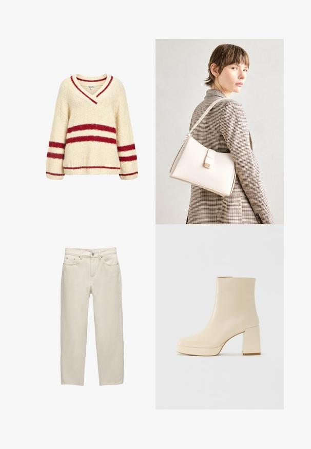 Světle krémový pletený svetr s véčkovým výstřihem, zdobený červenými pruhy přes hruď a rukávy. Měkčí textura s žebrovanými manžetami a spodním lemem.; Bílé džínové kalhoty s uvolněným střihem, rovné nohavice, pět kapes a kovové detaily s jemnou texturou.; Béžová kožená kotníková bota s blokovým podpatkem a platformovou podrážkou, hladký povrch a mírně čtvercová špička, otočená vlevo na bílém pozadí.; Bílá kožená kabelka se strukturálním designem, s magnetickým uzávěrem a ramenním popruhem, prezentovaná na neutrálním pozadí.