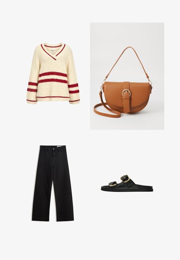 Cremefarvet strikket sweater med V-hals, prydet med røde striber tværs over brystet og ærmerne. Blød tekstur med ribbede manchetter og bund.; Sorte wide-leg denim bukser med høj talje, der har front- og baglommer, syede sømme og en knaplukning. Glat tekstur.; Sort skridsandal med to guldspænder, glat tekstureret materiale, flad sål og et minimalistisk design.; Brun læder crossbody taske med en buet form, guldfarvet hardware og en spændeaccent. Har en aftagelig skulderrem.