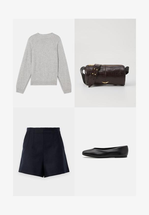 Light grey sweater made of soft fabric, featuring long raglan sleeves, a round neckline, and ribbed cuffs and hem. Simple, seamless design.; Navy shorts with a tailored design, featuring two front pleats, a smooth texture, and a straight cut at thigh length.; Paul Smith TOPANGA - Ballet pumps - black; Brown crocodile-embossed leather bag with a cylindrical shape, gold-tone hardware, and a detachable strap featuring studs.