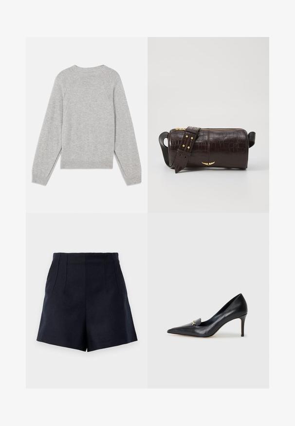 Suéter gris claro hecho de una tela suave, con mangas raglán largas, cuello redondo y puños y dobladillo acanalados. Diseño simple y sin costuras.; Pantalones cortos de color navy con un diseño a medida, que presentan dos pliegues frontales, una textura suave y un corte recto a la altura del muslo.; Zapato de piel negra con punta afilada, escote bajo y un detalle decorativo dorado. Cuenta con un tacón de aguja y textura suave.; Bolso de cuero marrón con estampado de cocodrilo, de forma cilíndrica, con herrajes en tono dorado y una correa desmontable con tachuelas.