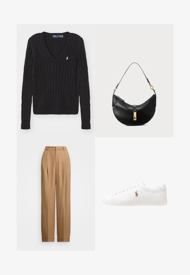 Suéter preto de malha canelada em forma de V com punhos e barra canelados. Apresenta um pequeno logótipo bordado no peito. Feito de fio texturizado.; Calças beige ajustadas com cintura alta, frente plissada, pernas afinadas e bainhas dobradas. Tecido suave com uma textura refinada.; Sapatilhas de couro brancas, design de cano baixo, com textura suave, biqueira redonda, atacadores à frente e um pequeno logótipo bordado na lateral.; Bolsa de couro preto em forma de meia-lua. Apresenta um detalhe em metais dourados e uma alça estreita. Textura suave, fechamento em zíper na parte superior.
