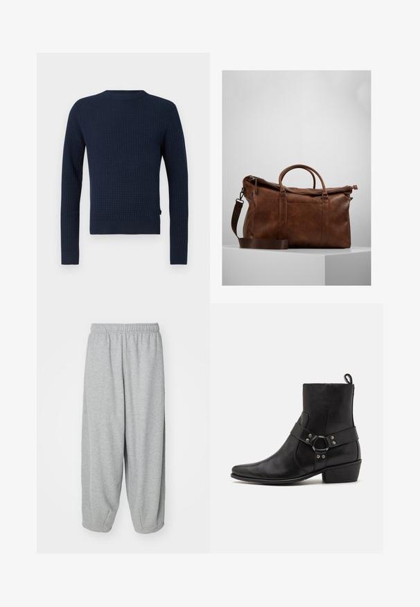 Marineblå strikket sweater med et struktureret mønster, lange ærmer, rund hals og ribbede manchetter og kant. Har et subtilt logo på siden.; Lyseblå langærmet skjorte lavet af glat stof med button-down krave, frontknapper og et lille mørkt logo på venstre bryst.; Lys grå, løstsiddende sweatpants lavet af blød stof. Elastisk talje og manchetter ved anklerne. Enkel og udekoreret design.; Sorte læder ankelstøvler med spidse tæer, sidelærredsrem med et rundt hardware accent og en lav blokhæl. Glat tekstur.; Brun læder gymtaske med lynlåslukning, dobbelte håndtag, justerbar skulderrem og synlige teksturmønstre på overfladen.