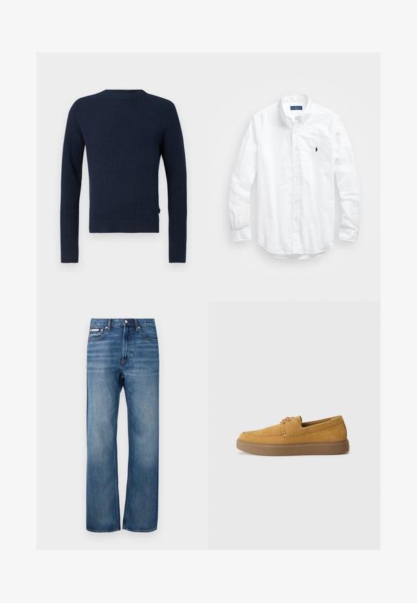 Marineblå strikket sweater med et struktureret mønster, lange ærmer, rund hals og ribbede manchetter og kant. Har et subtilt logo på siden.; Hvid langærmet skjorte i bomuld. Har en klassisk krave, knapmanchetter og et lille marineblåt broderet logo på brystet.; Blå lige ben denim jeans med let bleget effekt, frontlukning med knap og et lille logo mærke på den højre forlommer.; Brune ruskinds slip-on sko med en struktureret finish, rund tå og en kontrasterende gummisål. Har diskret branding nær hælen.
