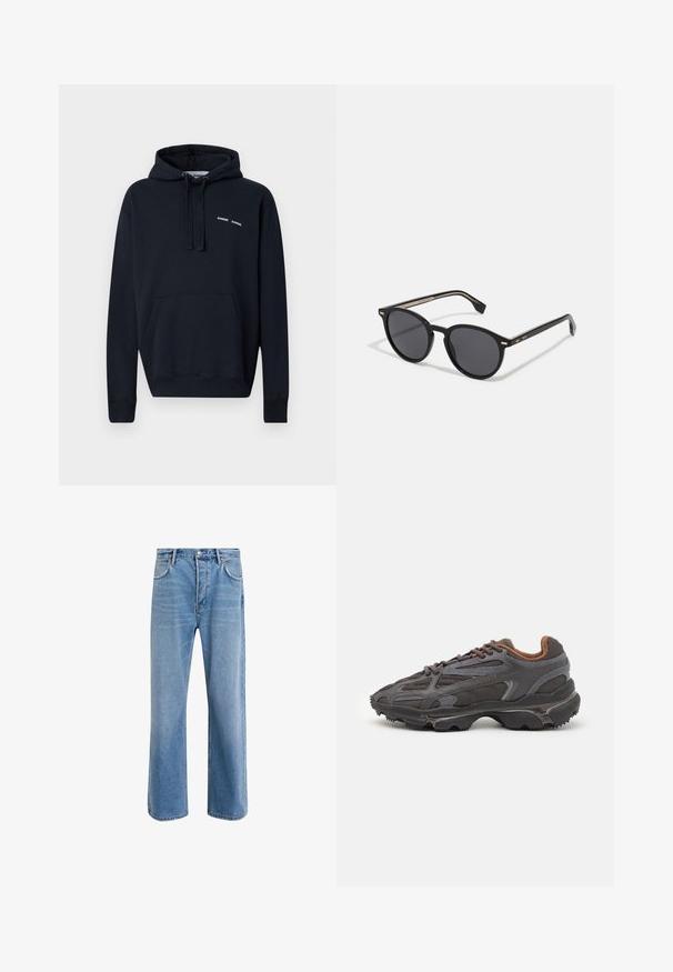 Marinblå hoodie i bomull, med en framficka i kängurustil, justerbara dragsnörar och med en minimal logotypdetalj på bröstet.; Ljust blå denimjeans med rak passform, fem fickor, knappstängning, minimal blekning och kontrasterande sömdetaljer.; Lacoste-sneakers i mörkgrått med nät och syntetmaterial, med en strukturerad sula och bruna detaljer på kragen och varumärket.; BOSS Solglasögon - black