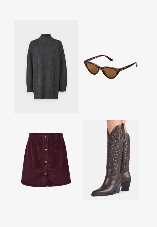 Maglione grigio scuro, oversize, con collo alto realizzato in morbido materiale a maglia, maniche lunghe e orlo a coste; texture liscia, design minimalista.; Gonna mini in corduroy bordeaux a forma di a, con cinque bottoni argentati lungo la parte anteriore e una sottile texture a righe.; Stivali da cowboy in pelle marrone con punta affusolata e tacco a blocco, caratterizzati da dettagliati ricami e accenti rialzati sul gambale.; Occhiali da sole cat-eye con una montatura tartarugata nera e arancione, lenti marroni e punte affusolate e eleganti. Presentano un logo minimale sulla asta.