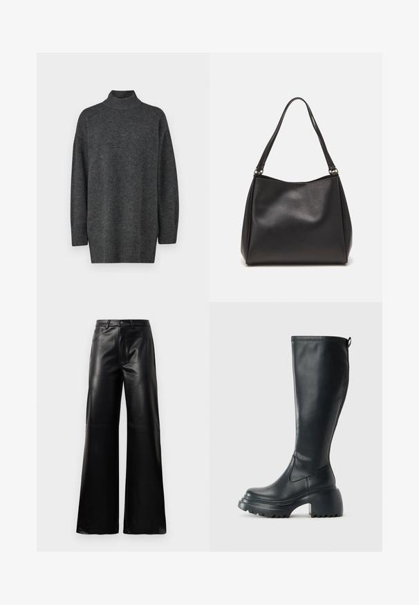 Mørkegrå, stor turtleneck genser laget av mykt strikkemateriale med lange ermer og ribbestrikket kant; glatt tekstur, minimalistisk design.; Sorte høy midje vide ben bukser i imitert skinn med knapp foran, glidelås, beltehemper og sidelommer på hvit bakgrunn.; Høy svart lærstøvel med chunky plattformsåle og blokkhelt, med trekkstang og teksturert mønster på yttersålen.; Svart syntetisk lærveske med myk tekstur, hobo-form og doble skulderstropper; har en blank overflate og minimalistisk design.