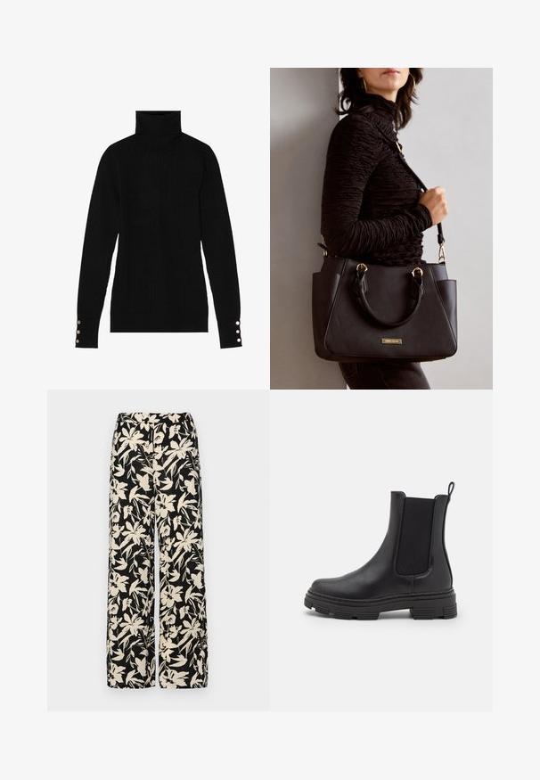 Czarny sweter z golfem o prążkowanej teksturze. Posiada dopasowane długie rękawy z trzema srebrnymi guzikami przy każdym mankiecie.; Czarne spodnie wide-leg z kremowym kwiatowym wzorem. Wykonane z lekkiego materiału, o gładkiej teksturze i wysokim staniku.; Czarny skórzany botek za kostkę z elastycznymi panelami bocznymi, okrągłym czubkiem i teksturowaną gumową podeszwą. Posiada pętelkę z tyłu ułatwiającą zakładanie.; Czarna torebka z teksturowanej powierzchni, podwójnymi uchwytami na górze i regulowanym paskiem na ramię. Posiada złote okucia i boczne kieszenie.