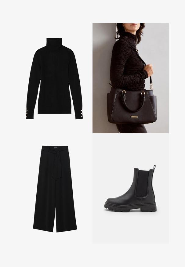 Černý rolák s žebrovanou texturou. Má přiléhavé dlouhé rukávy s třemi stříbrnými knoflíky na každém manžetě.; Černé kalhoty s širokými nohavicemi, vyrobené z texturované tkaniny, s elastickým pasem a odnímatelným páskem na úpravu velikosti.; Černá kožená kotníková bota s elastickými bočními panely, zaoblenou špičkou a texturovanou gumovou podrážkou. Má smyčku na zadní části pro snadné obouvání.; Černá kabelka s texturovaným povrchem, dvojitými horními uchy a nastavitelným ramenním popruhem. Obsahuje zlaté kovové prvky a boční kapsy.