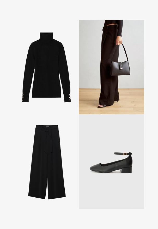 Maglione a collo alto nero con una texture a coste. Presenta maniche lunghe aderenti con tre bottoni argentati su ciascun polsino.; Pantaloni neri a gamba larga caratterizzati da un tessuto testurizzato, una vita elastica e una cintura staccabile per una vestibilità regolabile.; Pump in pelle nera con punta affusolata e tacco basso a blocco. Presenta una cinghia alla caviglia con una fibbia in tonalità oro. Texture liscia.; Borsa nera con forma strutturata, texture liscia e una chiusura metallica. Abbinata a pantaloni neri larghi e sandali open-toe su un pavimento in legno.