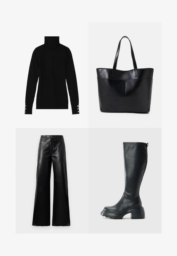 Fekete garbó pulóver bordázott textúrával. Illeszkedő hosszú ujjakkal rendelkezik, mindkét mandzsettáján három ezüstgombbal.; Fekete, magas derekú, széles lábú, műbőr nadrág elülső gombbal, cipzárral, övbújtatókkal és oldalsó zsebekkel, fehér háttérrel.; Magas fekete bőrcipő, vastag platform talppal és blokk sarokkal, húzófüllel és texturált profillal az outsole-on.; Fekete bőr bevásárlótáska két hosszú fogantyúval, sima felülettel és strukturált formával. Elülső zseb található rajta a plusz tárolás érdekében.