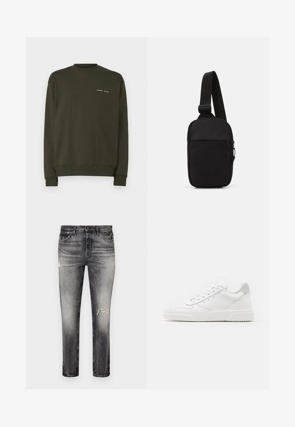Olívazöld, pamut keverékből készült pulóver, kerek nyakkivágással, bordázott mandzsettákkal és két hímzett logóval a mellkason.; Fakó fekete farmernadrág egyenes szabással, használatból eredő kopásokkal, elülső zsebekkel és klasszikus gombos záródással.; Fehér bőr sportcipő sima felülettel, kerek orral, lapos fűzőkkel és textúrált talppal. Szürke velúr díszítés a saroknál.; Fekete keresztpántos táska, tartós anyagból készült, egy állítható pánttal, cipzáras főrekesszel és elülső zsebbel.