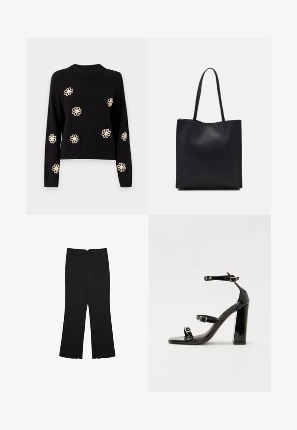 Object OBJLANEY RUBIN NOOS - Maglione - black; Pantaloni neri a gamba dritta, con tasche frontali e spacchi laterali all'orlo. Realizzati in tessuto morbido e liscio. Adatti a diverse occasioni.; Sandali con tacco alto in vernice nera con due cinturini con fibbia, punta quadrata e tacco spesso a blocco, caratterizzati da una texture liscia e lucida.; Borsa tote in pelle nera con texture liscia, forma rettangolare e due manici lunghi. Nessun hardware o decorazione visibile.