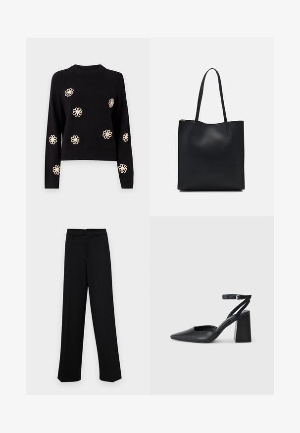 Object OBJLANEY RUBIN NOOS - Pulóver - black; Fekete, széles szárú nadrág sima anyagból, klasszikus derékrésszel, gombzárral és elülső redőkkel.; Fekete bőr, hegyes orrú magassarkú cipő boka pánttal és vastag sarokkal. Sima textúra, elegáns dizájn és minimális esztétika.; Fekete bőrtáska sima felszínnel, téglalap alakú, két hosszú füllel. Nincs látható fémkiegészítő vagy díszítés.