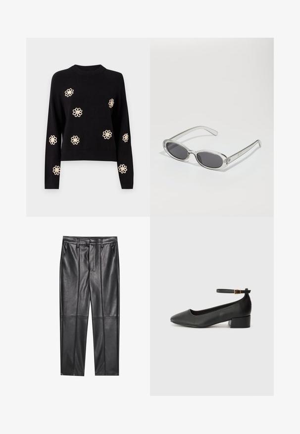 Object OBJLANEY RUBIN NOOS - Trui - black; Zwarte leren broeken met een gladde textuur, voorzien van een rechte pasvorm, twee voorzakken en zichtbare naaddetail.; Zwarte leren pump met een spitse neus en een lage blokhak. Beschikt over een enkelband met een goudkleurige gespsluiting. Gladde textuur.; Zonnebril met een ovale vorm, helder plastic montuur, donkergrijze glazen en dunne transparante pootjes met logo-accenten en minimale details.; Zwarte leren tote bag met twee lange handvatten, een zachte textuur en een gestructureerde vorm. Voorzien van een voorvak voor extra opslagruimte.