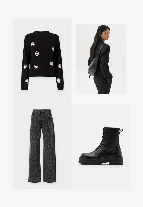 Object OBJLANEY RUBIN NOOS - Pullover - black; Noisy May NMJANNEL LOOSE - Jean boyfriend - black denim; Bottines en cuir noir avec un bout rond, un laçage à l'avant et une épaisse semelle en caoutchouc dotée d'un motif texturé. Tirer au dos.; Femme avec de longs cheveux foncés portant un costume noir, portant un sac à épaule en cuir noir, regardant par-dessus son épaule contre un fond blanc.; Boucles d'oreilles en argent au design minimaliste. Forme circulaire, texture lisse et profil fin. Légères avec une finition polie.