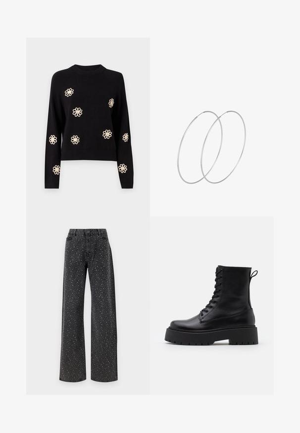 Object OBJLANEY RUBIN NOOS - Pullover - black; Noisy May NMJANNEL LOOSE - Jean boyfriend - black denim; Bottines en cuir noir avec un bout rond, un laçage à l'avant et une épaisse semelle en caoutchouc dotée d'un motif texturé. Tirer au dos.; Boucles d'oreilles en argent au design minimaliste. Forme circulaire, texture lisse et profil fin. Légères avec une finition polie.