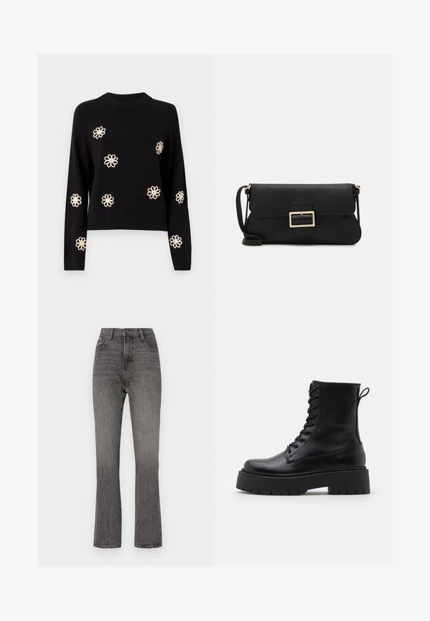 Object OBJLANEY RUBIN NOOS - Jumper - black; High-waisted flared jeans in light grey denim, featuring a faded texture and classic 5-pocket design. Front button and zipper closure.; Black leather ankle boots with a round toe, lace-up front, and a thick rubber sole featuring a textured tread. Pull tab at the back.; Black leather clutch bag with a flap and a gold metal buckle detail. Includes a black strap and a sleek, minimalist design.; Silver hoop earrings with a twisted design, featuring a polished finish and post-back closure. Measure approximately 3 cm in diameter.