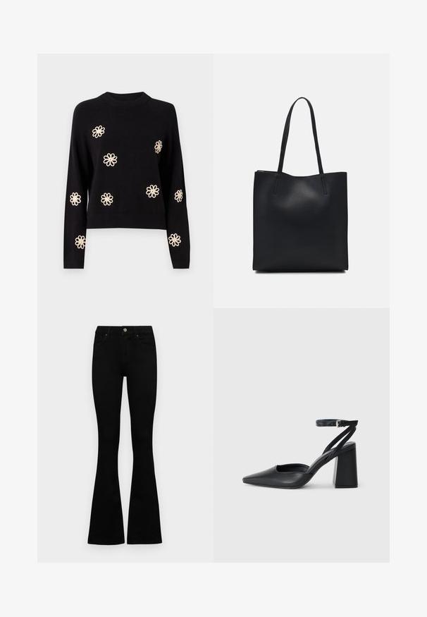 Object OBJLANEY RUBIN NOOS - Pulover - black; Črne visokotopne kavbojke z gumbom in zadrgo, sprednjimi žepi in razširjenimi hlačnicami, poleg bel background.; Črne usnjene klasične čevlje z ostrim nosom, z zaponko za gleženj in debelim peto. Ravna tekstura, eleganten dizajn in minimalistična estetika.; Črna usnjena torba s svilnato teksturo, pravokotne oblike in dvema dolgima ročajema. Brez vidnih metalnih delov ali okrasnih elementov.