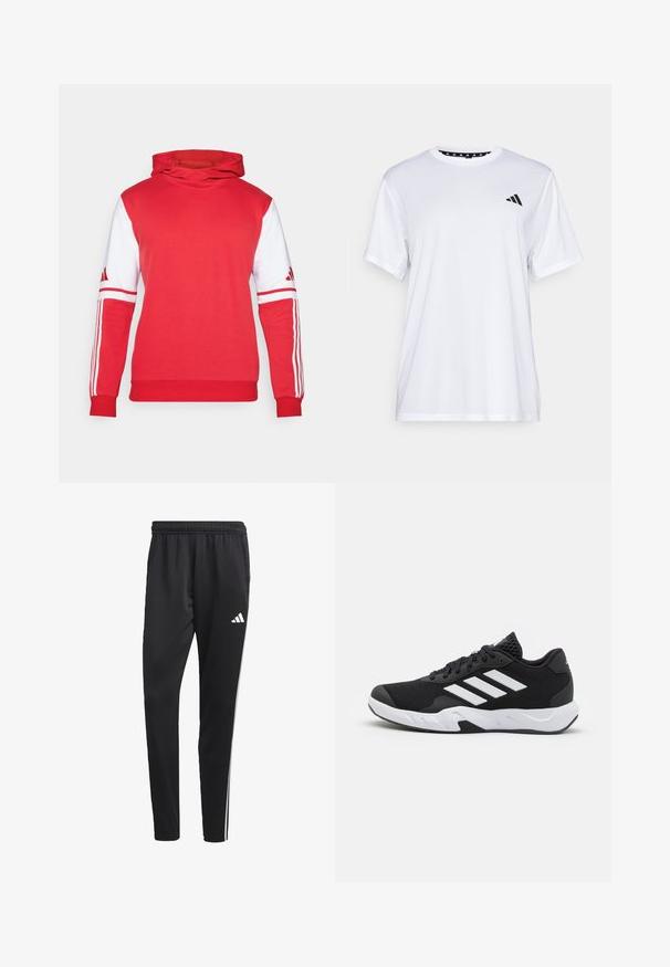 Červená mikina s pevnou prednou časťou, bielymi rukávmi a tromi bielymi pruhmi pozdĺž rúk. Obsahuje klokanie vrecko a kapucňu.; Biely športový tričko s krátkymi rukávmi, vyrobené z materiálu, ktorý odvádza vlhkosť. Má čierne logo na ľavej hrudi a vzorovaný vnútorný golier.; Čierne športové nohavice s elastickým pásom, bielymi bočnými pruhmi a malým bielym logom na stehne. Vyrobené z hladkého, ľahkého materiálu.; Čierne športové topánky s textúrovaným sieťovinovým zvrškom, bielymi akcentovými pruhmi, polstrovanou podrážkou a spevneným pätou pre podporu.