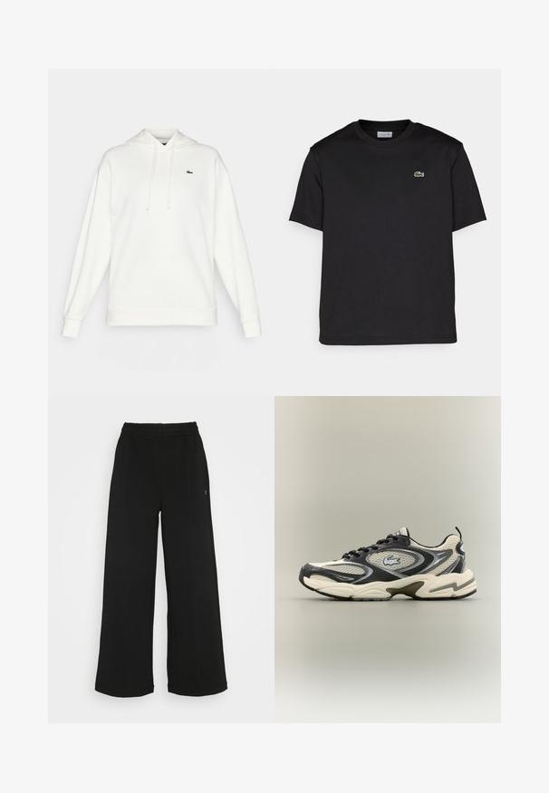 Fehér kapucnis pulcsi puha anyagból, hosszú ujjal, húzózsinóros kapucnival és egy kis zöld logóval a mellrészen.; Fekete pamut póló kerek nyakkal, rövid ujjal és egy apró zöld hímzett logóval a bal mellrészen. Egyszerű dizájn.; Fekete, bőszárú nadrág rugalmas derékrésszel. Puha, könnyű anyagból készült. Elülső részén vertikális varrásokkal rendelkezik.; Fekete és bézs hálós sportcipők párnázott bokával, texturált felsőrésszel és kiemelkedő logóval az oldalon. Elegáns dizájn, ívelt talppal.