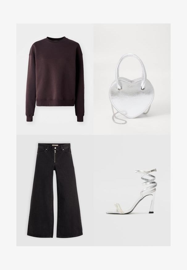 Dark brown sweatshirt in a soft cotton blend, featuring a crew neck, long sleeves, and ribbed cuffs and hem for a fitted appearance.; Wide-leg jeans in black denim with a zippered front, five-pocket design, and subtle stitching details. Smooth texture and casual style.; Silver high-heeled sandal with a shiny strap design, featuring a pearl-like accent and a spiraled ankle strap for secure fit.; Silver metallic heart-shaped handbag with dual handles, chain strap, and smooth texture. Features metal hardware and stitched edges.