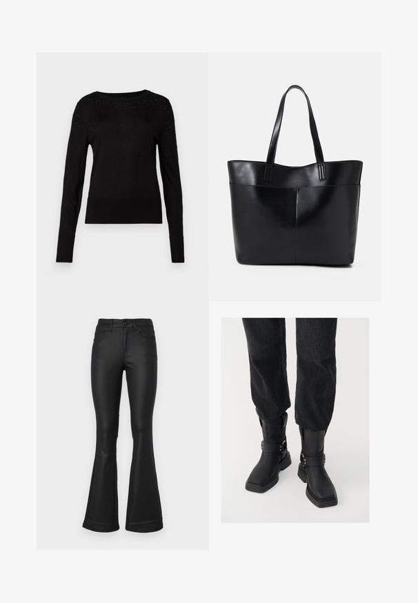 Fekete pulóver hosszú ujjal, kerek nyakkivágással és texturált részletekkel. Kisméretű díszítések találhatók a vállakon, sima kötött anyagból készült.; Fekete, ellapult farmernadrág sima anyagból. Öt zsebbel, testhezálló derékkal és széles szárnyítóval a szár végén.; Fekete bőr bokacsizmák négyzet alakú orral, széles pánttal és fém csattal. A csizmák vastag talppal és sima felülettel rendelkeznek.; Fekete bőr bevásárlótáska két hosszú fogantyúval, sima felülettel és strukturált formával. Elülső zseb található rajta a plusz tárolás érdekében.
