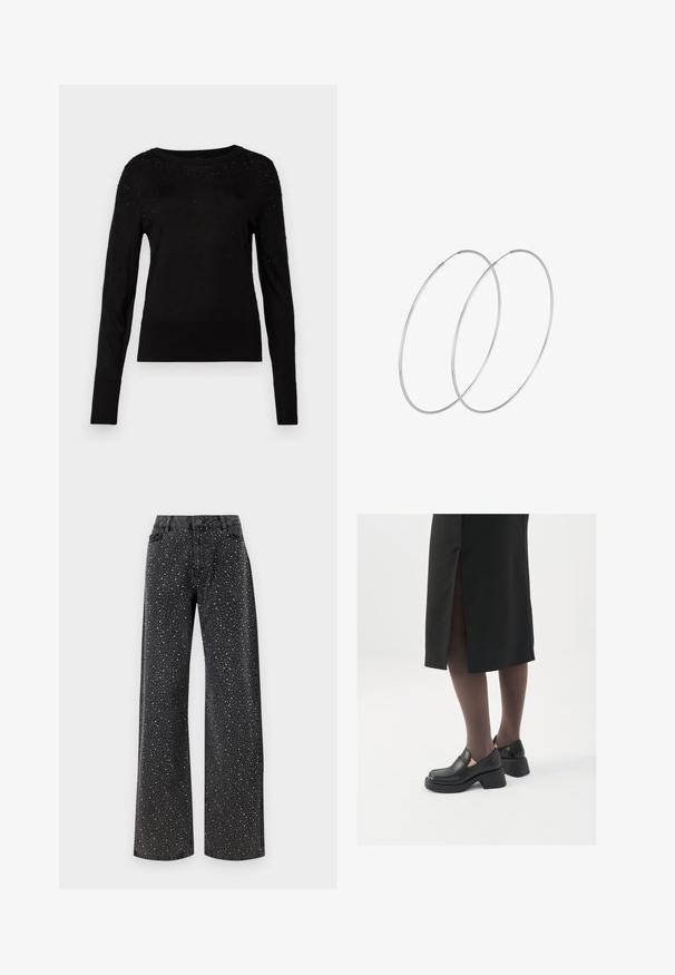 Črna pulover s dolgimi rokavi, okroglim izrezom in teksturno obdelavo. Ima majhne okraske na ramenih in gladko pletenino.; Noisy May NMJANNEL LOOSE - Široke kavbojke - black denim; Črne usnjene čevlje s zaobljenim prstom, debelim blokastim petama in elastičnimi stranskimi detajli, v kombinaciji s temno nogavicami in črno krilo z razporkom.; Srebrne uhane v obliki obroča z minimalističnim dizajnom. Krožna oblika, gladka tekstura in tanek profil. Lahki s poliranim zaključkom.