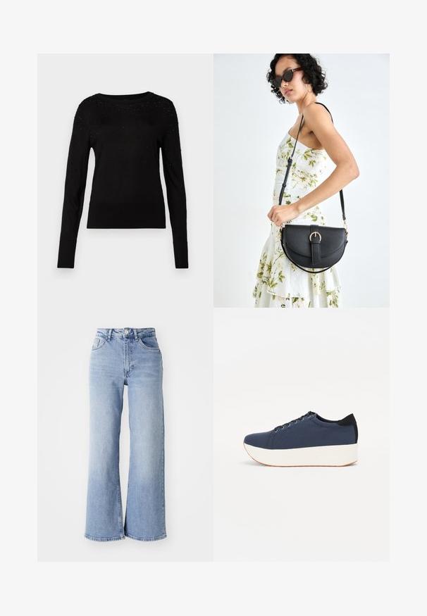 Black sweater with long sleeves, round neckline, and textured detailing. Features small embellishments on the shoulders and smooth knit fabric.; Light blue high-waist wide-leg jeans with front and back pockets, button closure, and subtle fading on the thighs and hems.; Navy blue sneaker with a textured fabric upper, white platform sole, rounded toe, and black heel accent. Features six eyelets for laces.; Black leather handbag with a curved shape, detachable strap, and gold hardware. The bag features a flap with a buckle detail.