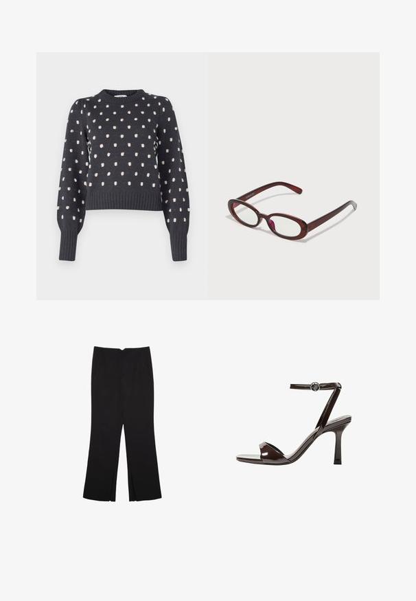 Tmavě šedý svetr s kulatým výstřihem, který má texturovaný vzor světle růžových teček a žebrované manžety a spodní lem.; Černé kalhoty s rovným střihem, s předními kapsami a bočními rozparky na lemu. Vyrobené z jemné, hladké tkaniny. Vhodné na různé příležitosti.; Hnědé lakované kožené sandály na vysokém podpatku s páskem kolem kotníku, otevřenou špičkou a elegantním, minimalistickým designem. Obsahují čtvercový podpatek.; Ovalo tvarované červené sluneční brýle s průhlednými skly a elegantními hnědými rámy. Design má jemné křivky a minimální hardware.; Metalická zlatá kabelka s hladkým, zaobleným tvarem, opatřená horním zapínáním na knoflík a malým řetízkovým popruhem pro nošení.