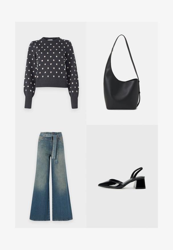 Temno siva pulover s okroglim izrezom, ki ima teksturiran vzorec svetlo roza pik in rebraste manšete ter spodnji rob.; Široke jeans hlače z gradientom od svetlo do temno modre, visokim pasom, zankami za pas in pasom iz istega materiala. Tekstura denim končnica.; Črne lakirane slingback pete s koničastim nosom in geometrijsko blokasto peto. Imajo eleganten, minimalističen dizajn in gladko teksturo.; Črna usnjena hobo torba z gladko teksturo, ukrivljeno obliko in eno nastavljivo naramnico; ima širok odprtina na vrhu.