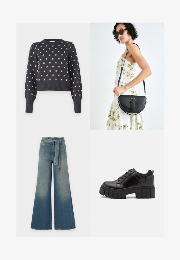 Maglione grigio scuro con scollatura a girocollo, dotato di un motivo testurizzato di punti rosa chiaro e polsini e orlo a costine.; Pantaloni in denim a gamba larga con una sfumatura che va dal blu chiaro al blu scuro, vita alta, passanti per cintura e una cintura in tessuto coordinato. Finitura in denim strutturato.; Scarpe platform in pelle nera con tacco a blocco robusto, punta rotonda e design tradizionale con lacci. Presentano una superficie liscia e dettagli minimi.; Borsa a tracolla nera in pelle con una forma curva, manico rimovibile e accessori dorati. La borsa presenta una patta con un dettaglio a fibbia.